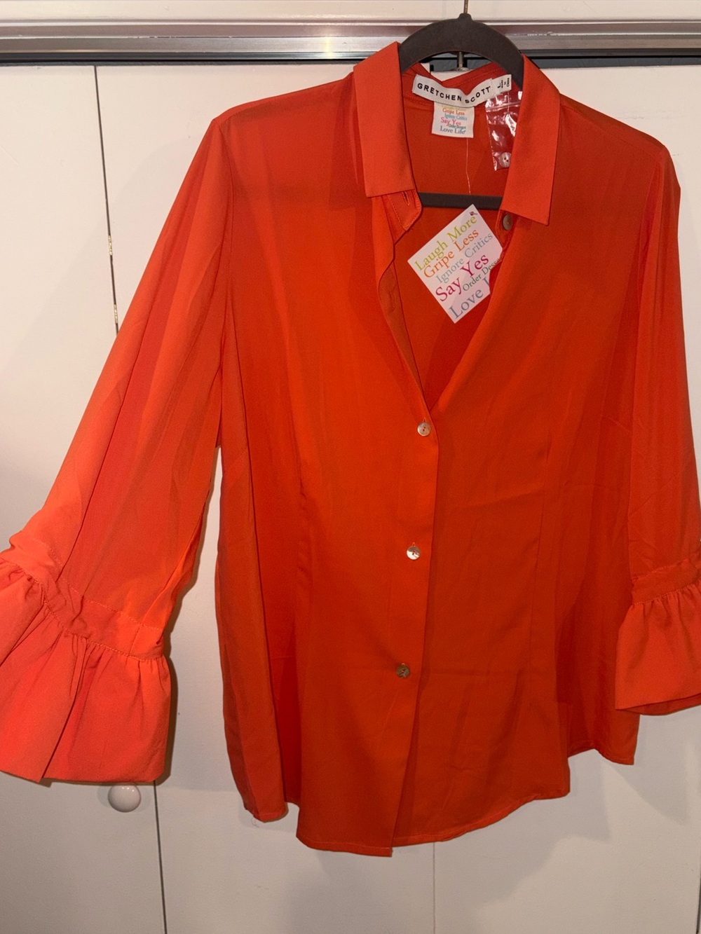Gretchen Scott Designs Vibrant Orange Button-Front Ruffle Sleeve Shirt. NWT